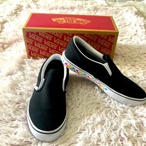 Vans Classic slip on in Black, Rainbow checkerboard on sole, Size 7Y, 8.5 Women.